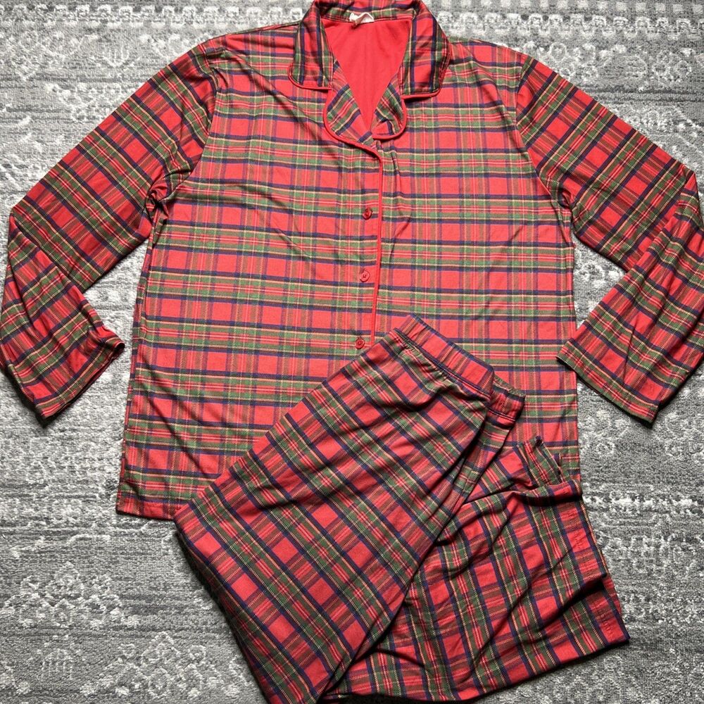 Munki Munki Women’s Red Plaid Knit Pajama Set XL Holiday Christmas Stretch